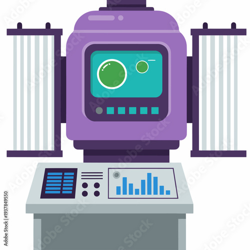 A stylized purple gas removal filter tech unit with a digital display. Clean, modern design with a blue control panel and filter housings. Ideal for tech, industrial, or futuristic concepts.