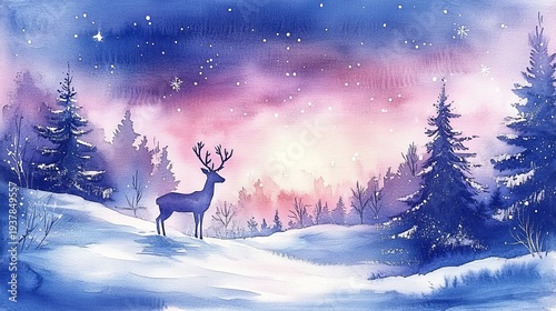 A serene winter landscape featuring a deer standing amidst snow-covered trees under a starry sky