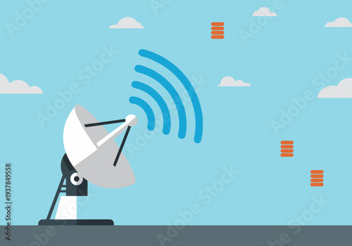 A stylized satellite dish transmits a global data packet. Modern, vibrant design with a blue sky backdrop. Ideal for technology and connectivity concepts.