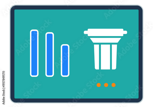 A tablet displays smart water monitor data, featuring bar graphs and a building icon. Modern, teal and white design. Ideal for tech, water management, and data visualization.