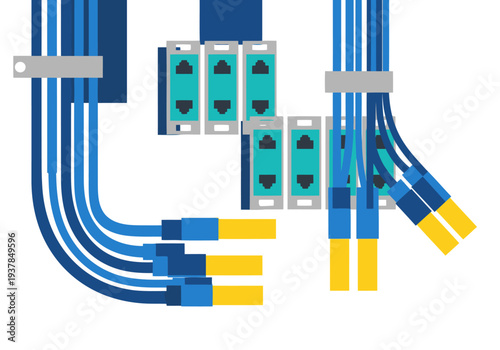 A vibrant fiber optic backbone hub illustration showcases organized cabling and connections. Modern, clean design for network infrastructure visuals.