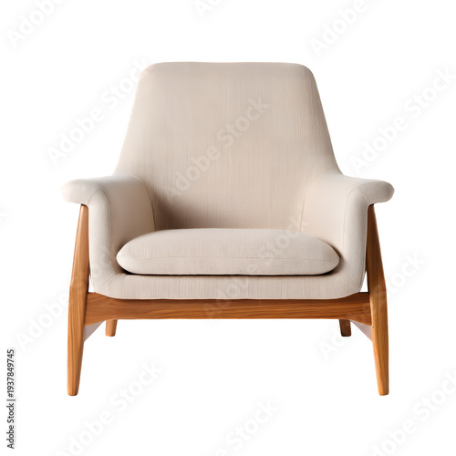 A modern armchair with a white upholstered seat and wooden frame on transparent background