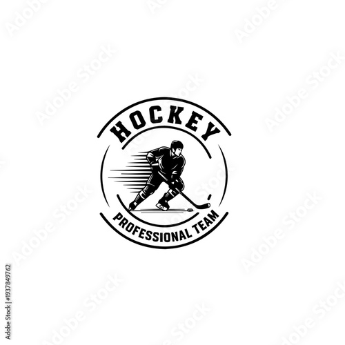 Hockey Player Vintage Badge Logo, Professional Team Ice Hockey Sport Emblem Black and White Illustration