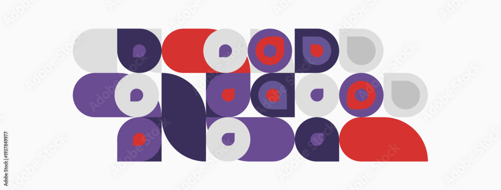 Fototapeta premium Abstract geometric shapes, circles, rectangles, red, purple, gray. Minimalist design, pattern, modern aesthetic. Simple composition.
