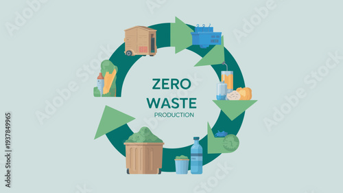 A graphic illustration depicting the concept of zero waste production with a circular arrow and various eco-friendly icons.