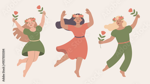 Three joyful women dancing and holding flowers in a vibrant celebration of nature and beauty