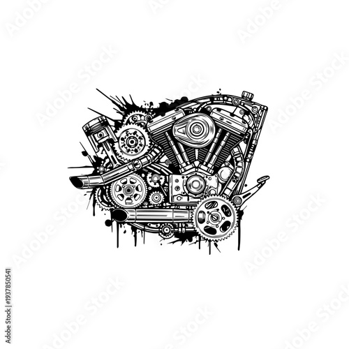 Vintage Motorcycle Engine Mechanical Parts Biker Machine Illustration