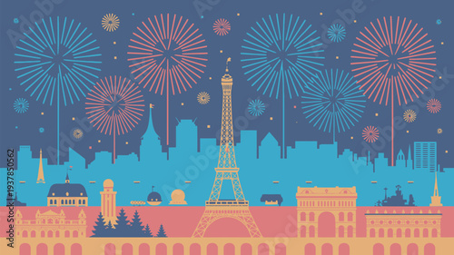 A vibrant cityscape of Paris at night with fireworks exploding in the sky