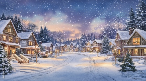 A serene snowy village scene at dusk, featuring illuminated houses, tranquil street, and falling snow