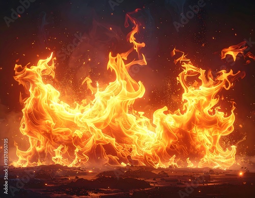 Roaring flames dominate, dancing intensely above a dark, textured surface with hints of glowing embers
