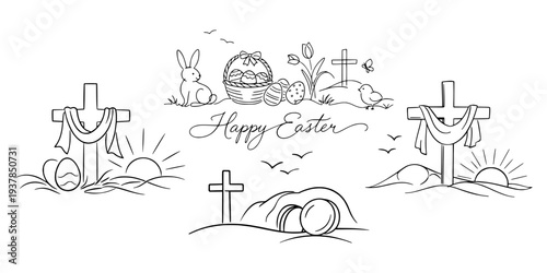 Hand-drawn Easter themed sketch showing crosses, sunrise, bunny, eggs, basket and birds on white background, symbolizing resurrection and hope