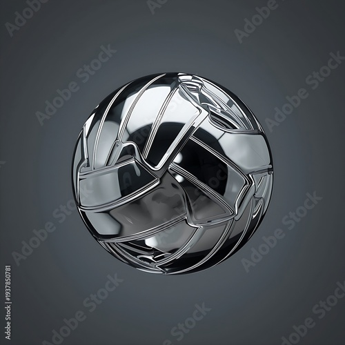 A water polo ball made of liquid mercury, swirling and shifting with a metallic sheen, floating against a clean, charcoal-grey studio backdrop