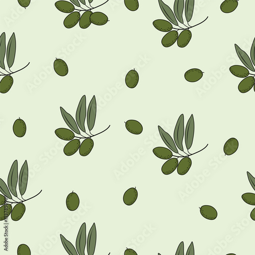 Minimal seamless olive leaves pattern on soft green background. Botanical Mediterranean texture perfect for organic packaging, food branding, textiles and wallpaper.