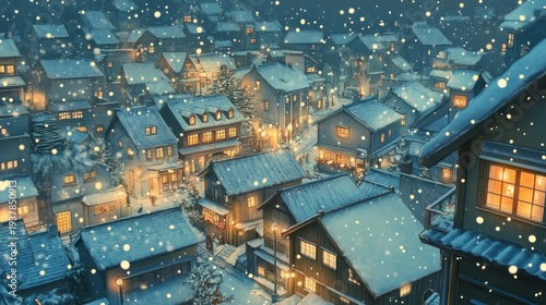 A picturesque winter village with lights glowing warmly as snow gently falls from the sky