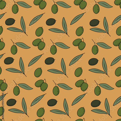 Seamless olive leaves pattern on warm mustard background. Mediterranean botanical texture ideal for packaging, kitchen textiles, food branding and organic product design.