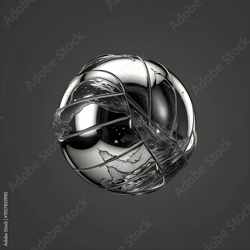 A water polo ball made of liquid mercury, swirling and shifting with a metallic sheen, floating against a clean, charcoal-grey studio backdrop