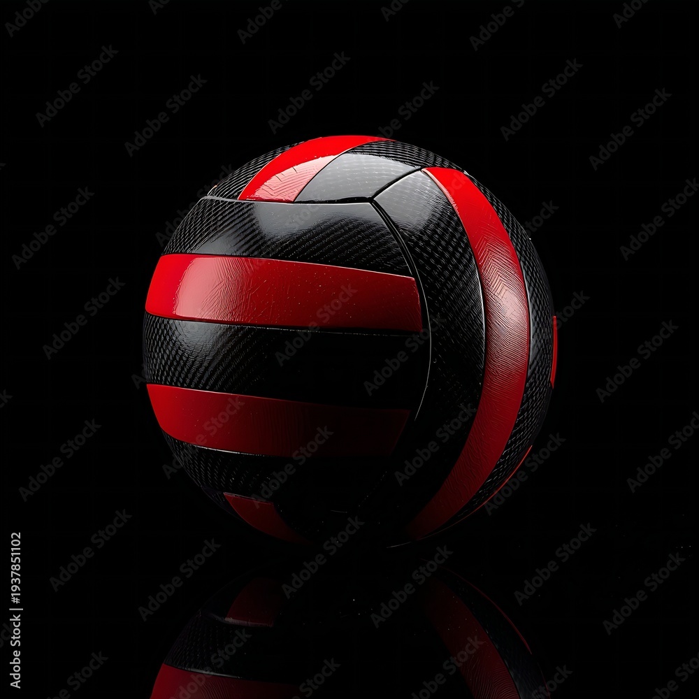 Fototapeta premium A water polo ball with a sleek carbon fiber weave texture, featuring high-gloss red accents, isolated on a dark, reflective surface