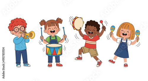Happy diverse children playing various musical instruments including trumpet drum tambourine and maracas