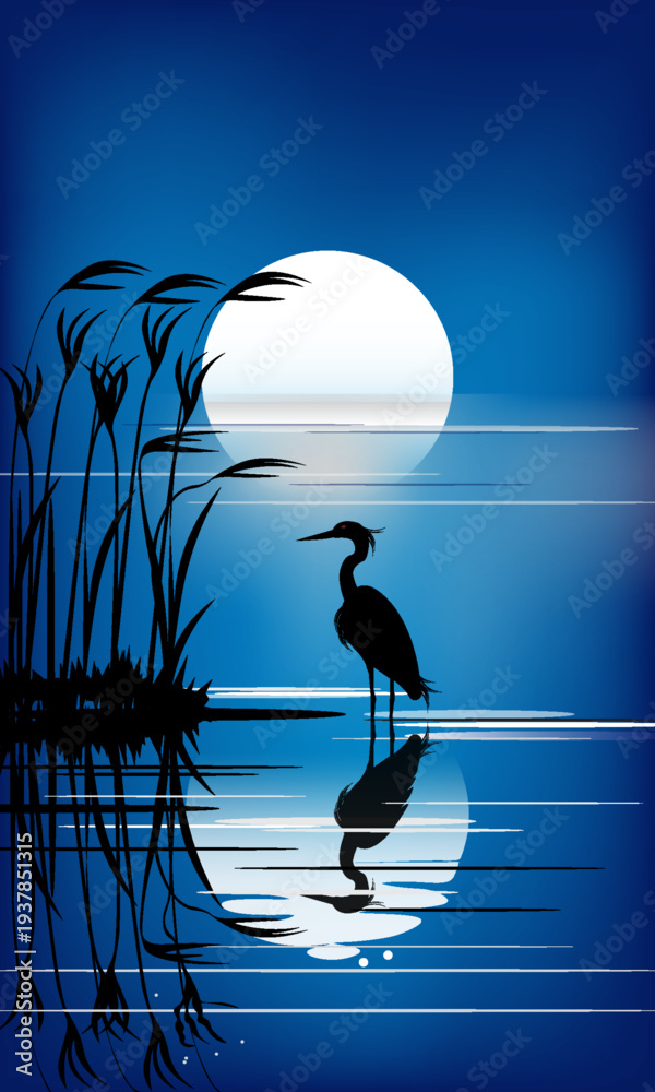 Fototapeta premium The silhouette of a heron stands in front of a wide, bright moon reflected in a calm lake. A calming piece of wall art. Eps. 10