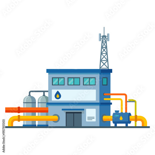 An industrial facility with a blue building, pipes, and a tower emits smoke and water vapor.