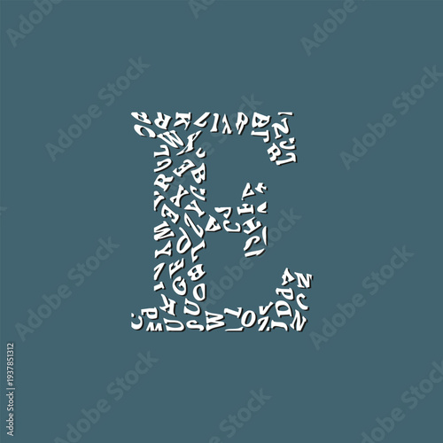 Letter E Made from Scattered Alphabet Characters. Art Logo Design. Creative Typographic Composition. Abstract Symbol with Shadow. Modern Design and Typography Concept. Vector Illustration