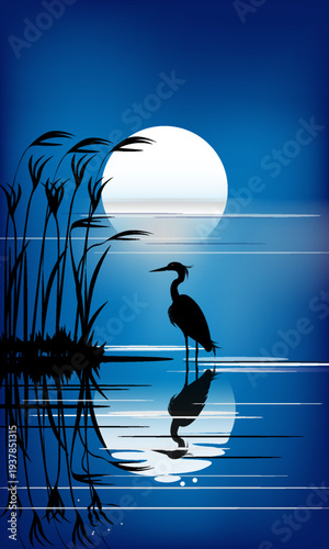 The silhouette of a heron stands in front of a wide, bright moon reflected in a calm lake. A calming piece of wall art. Eps. 10