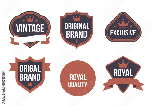 Set of six vintage and royal quality brand badges and labels with crowns and ribbons, perfect for product branding and exclusive offers.