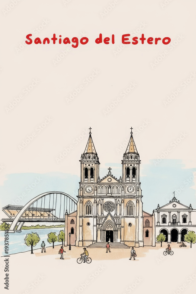 Obraz premium Santiago Del Estero, Argentina Pen Line Art Illustration of City Landmark and Travel Scene
