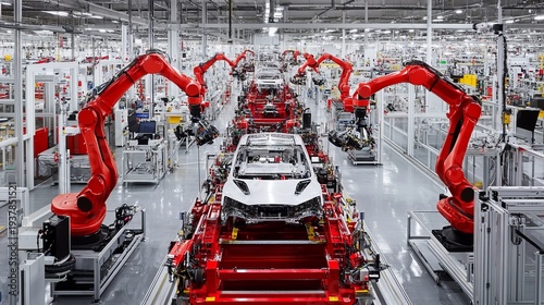 A futuristic automotive factory filled with robotic arms assembling vehicles on production lines