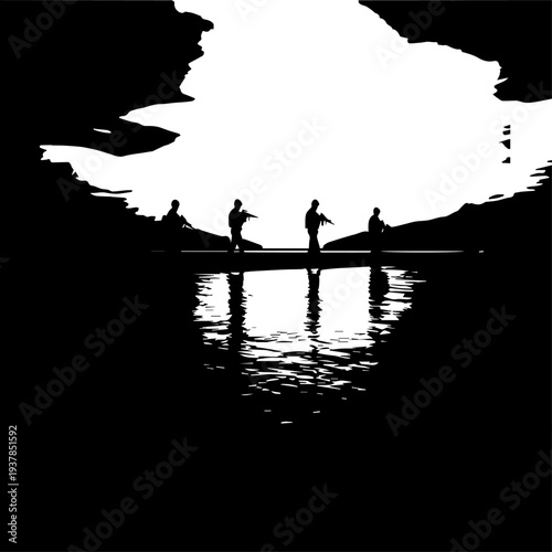 Silhouette Fishermen on Boat with Water Reflection in Nature Landscape


