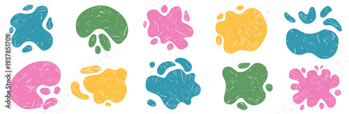Playful crayon textured blob, splash and puddle for text. Chalk pencil colorful frame in amoeba shape. Kids puddle of paint or water drop figure. Vector yellow, green spots liquid splat promo sticker.