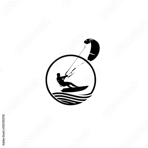 Kitesurfing Silhouette Logo – Extreme Kiteboarding Ocean Water Sport Circle Icon Design
