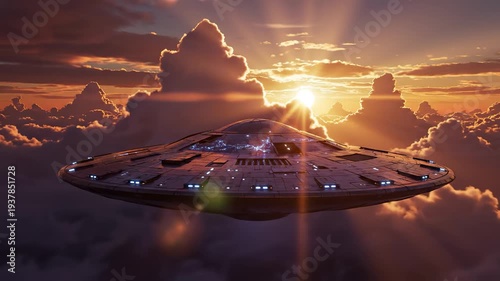 UFO aliens flying apparatus in the evening sky