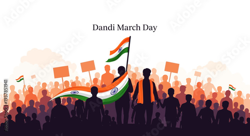 People protesting during Dandi March Day with Indian flags and banners in a peaceful demonstration.