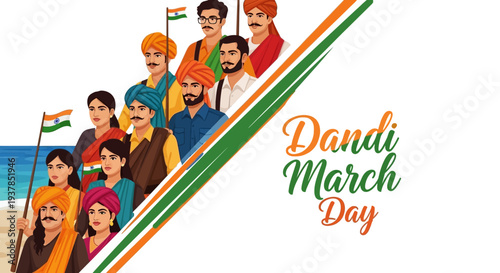 Illustration of people participating in the Dandi March Day, a historical protest march led by Mahatma Gandhi as part of the Indian independence movement.