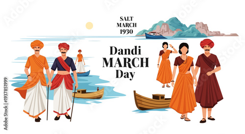 Illustration of people participating in the Dandi March Day, a historical protest against British salt tax led by Mahatma Gandhi.