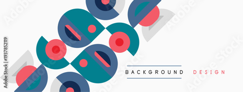 Abstract geometric shapes overlap, creating dynamic colorful background. Minimalist design features circles, rectangles, diagonal lines.