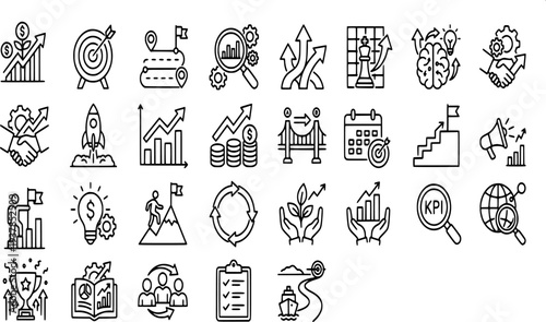 Minimalist icons of international expansion, human resources, talent recruitment, corporate mergers, global networking, strategic chess pieces, and market growth indicators.