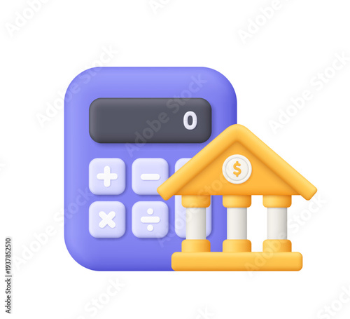 Purple calculator with yellow bank building . Financial calculation and banking concept, accounting, budgeting, taxes and investment planning concept. 3d vector icon. Cartoon minimal style.