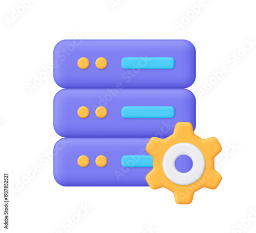 Purple server with yellow gear. Technology, cloud computing, hosting, devops, system settings, configuration, data management and IT concept. 3d vector icon. Cartoon minimal style.
