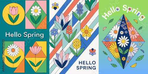 A colorful vector graphic illustration celebrating the arrival of spring with vibrant flowers and geometric patterns