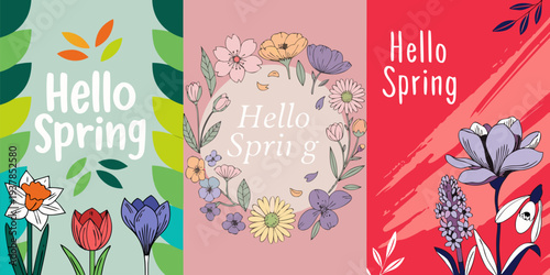 A colorful vector graphic illustration of three Hello Spring banners with floral designs