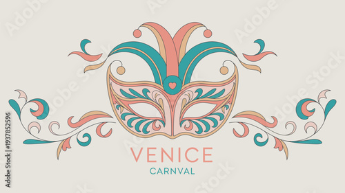 A colorful Venetian carnival mask with intricate designs and patterns on a cream background