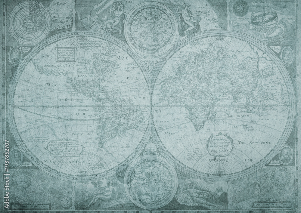 Fototapeta premium Old map of the world of the 18 century. Collage. A good background for design on the theme of travel, geography, history, voyage, etc.