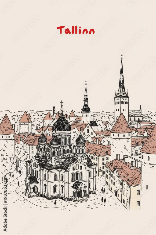 Obraz premium Tallinn, Estonia Pen Line Art Illustration of City Landmark and Travel Scene