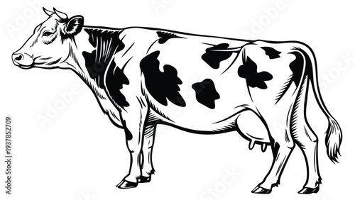 Vector illustration of Black and White Illustration of a Dairy Cow Standing Profile View