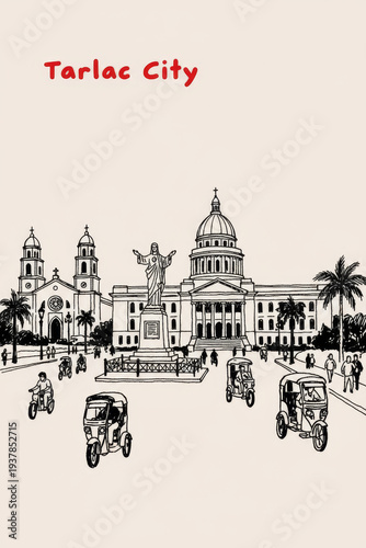 Tarlac City, Philippines Pen Line Art Illustration of City Landmark and Travel Scene