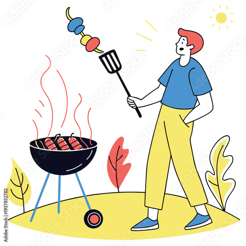 Vector illustration of Man Grilling Skewers and Sausages Outdoors on a Sunny Day, Summer Barbecue Lifestyle Illustration