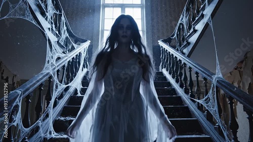 A ghost girl walks down the stairs of an old house at night