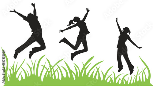 Vector illustration of Silhouettes of people jumping for joy on green grass